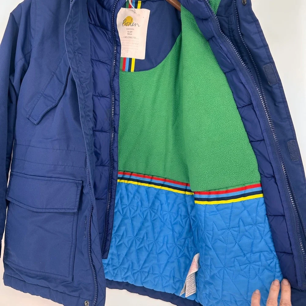 Boden Parka Jacket Coat Kids 11-12Y Faux Fur Hood Padded Navy Blue Winter Ski
